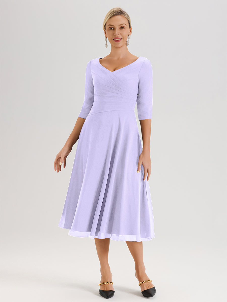 Cicinia Robe Pour Mère De La Mariée Lilas longueur Mi-Mollet Décolleté En V Et Manches 3/4 En Mousseline Trapèze