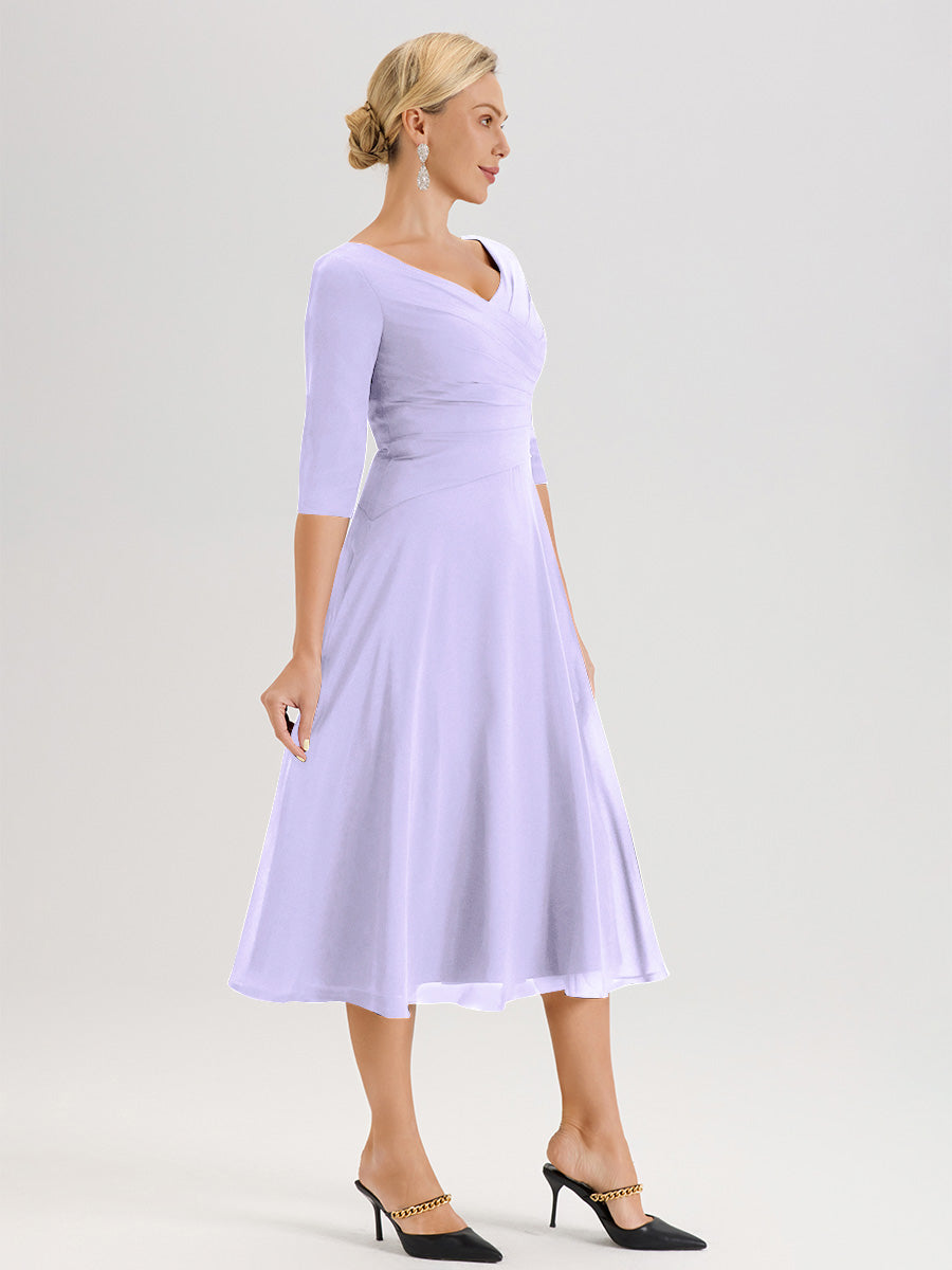 Cicinia Robe Pour Mère De La Mariée Lilas longueur Mi-Mollet Décolleté En V Et Manches 3/4 En Mousseline Trapèze