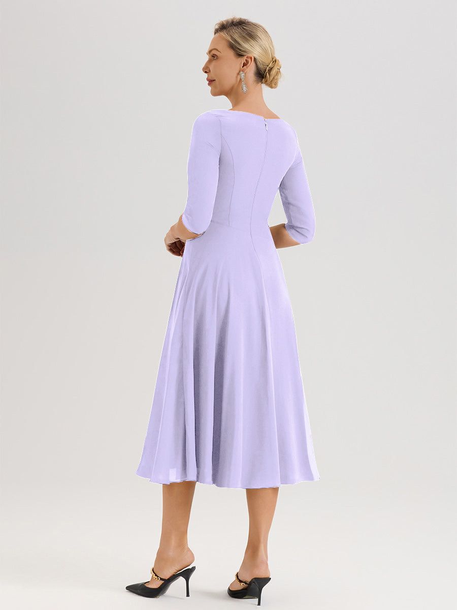 Cicinia Robe Pour Mère De La Mariée Lilas longueur Mi-Mollet Décolleté En V Et Manches 3/4 En Mousseline Trapèze