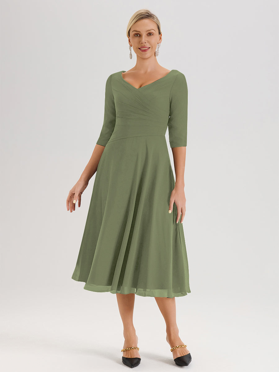 Cicinia Robe Pour Mère De La Mariée Vert Olive longueur Mi-Mollet Décolleté En V Et Manches 3/4 En Mousseline Trapèze
