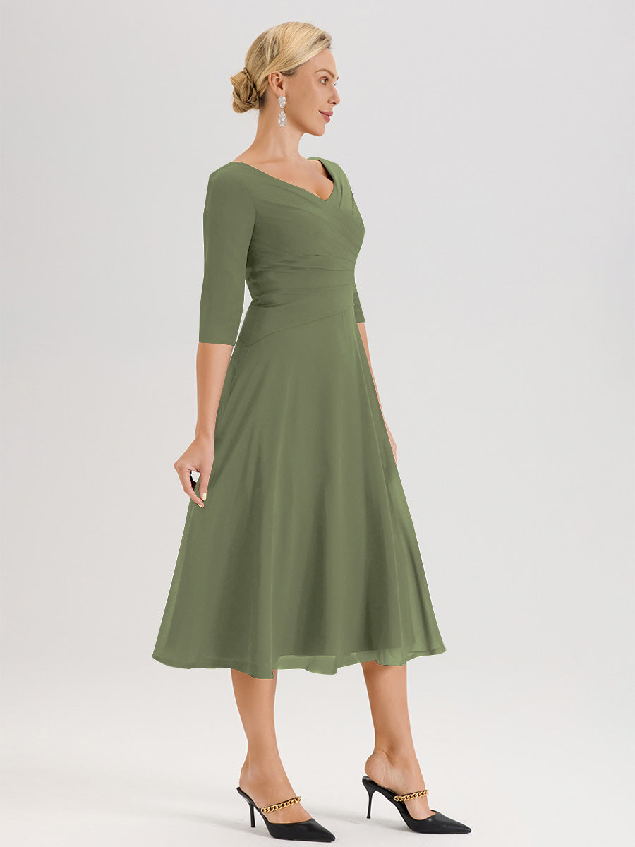 Cicinia Robe Pour Mère De La Mariée Vert Olive longueur Mi-Mollet Décolleté En V Et Manches 3/4 En Mousseline Trapèze