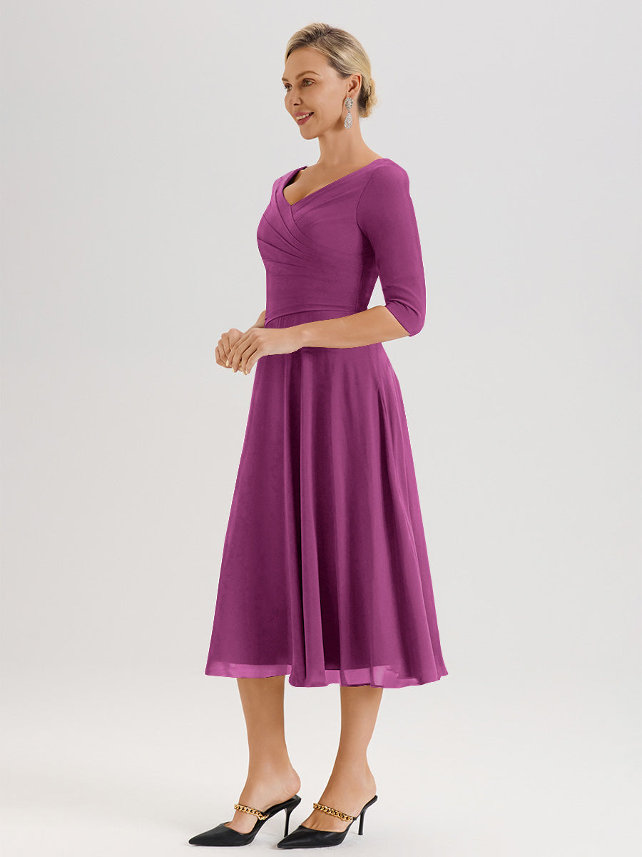 Cicinia Robe Pour Mère De La Mariée Orchidée longueur Mi-Mollet Décolleté En V Et Manches 3/4 En Mousseline Trapèze
