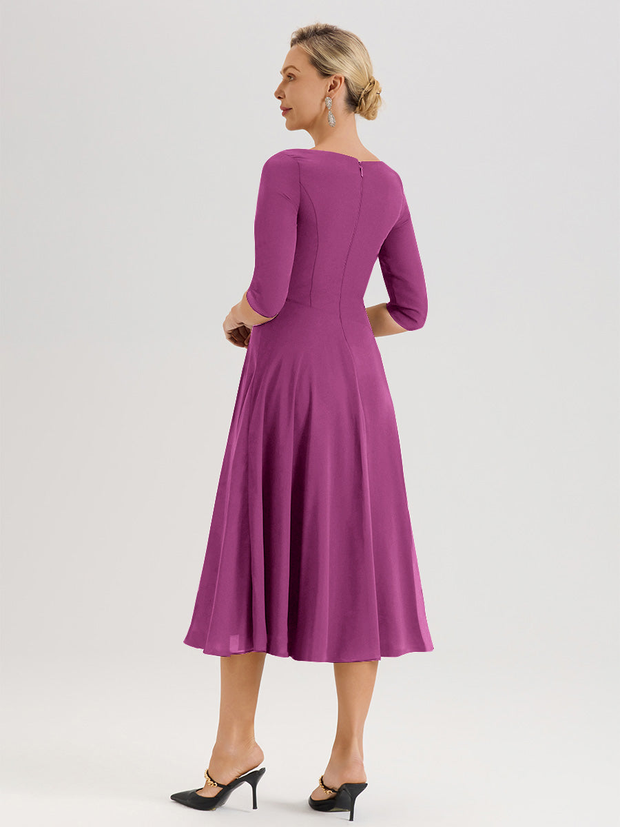 Cicinia Robe Pour Mère De La Mariée Orchidée longueur Mi-Mollet Décolleté En V Et Manches 3/4 En Mousseline Trapèze