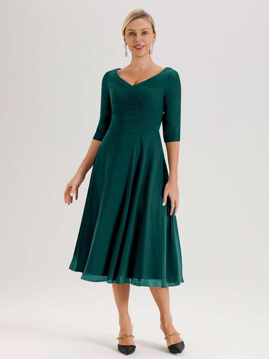 Cicinia Robe Pour Mère De La Mariée Bleu Paon longueur Mi-Mollet Décolleté En V Et Manches 3/4 En Mousseline Trapèze