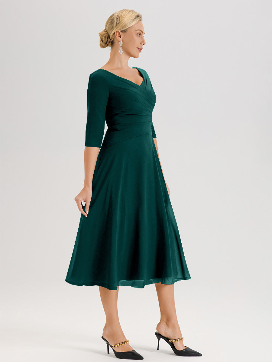 Cicinia Robe Pour Mère De La Mariée Bleu Paon longueur Mi-Mollet Décolleté En V Et Manches 3/4 En Mousseline Trapèze
