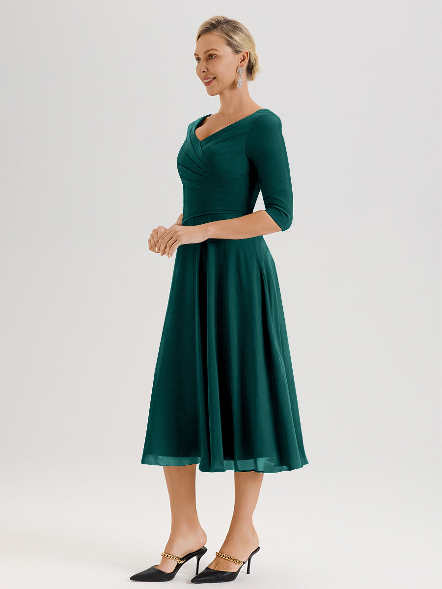 Cicinia Robe Pour Mère De La Mariée Bleu Paon longueur Mi-Mollet Décolleté En V Et Manches 3/4 En Mousseline Trapèze