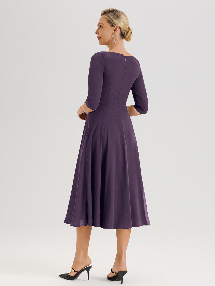 Cicinia Robe Pour Mère De La Mariée Plum longueur Mi-Mollet Décolleté En V Et Manches 3/4 En Mousseline Trapèze