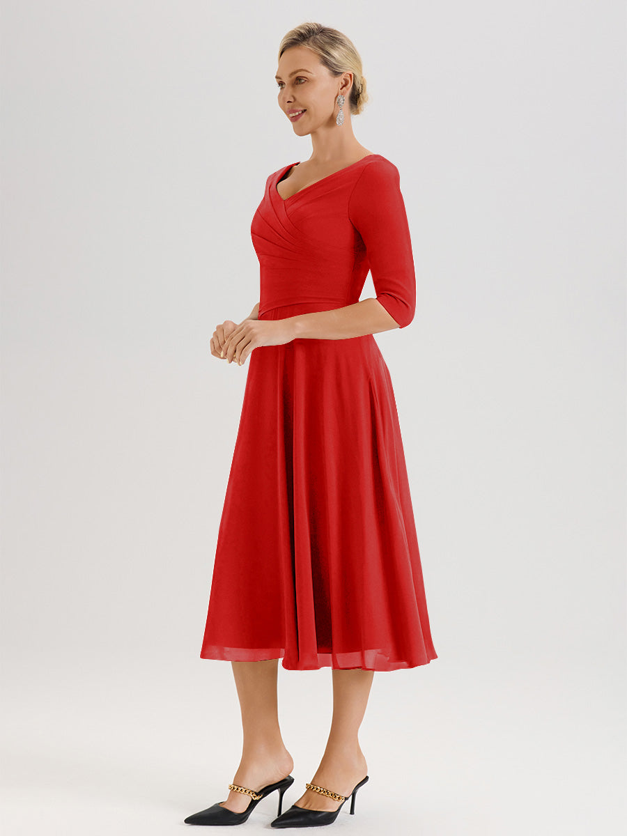 Cicinia Robe Pour Mère De La Mariée Rouge longueur Mi-Mollet Décolleté En V Et Manches 3/4 En Mousseline Trapèze