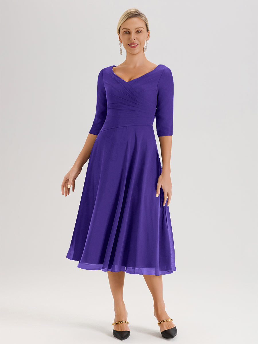 Cicinia Robe Pour Mère De La Mariée En Régence longueur Mi-Mollet Décolleté En V Et Manches 3/4 En Mousseline Trapèze