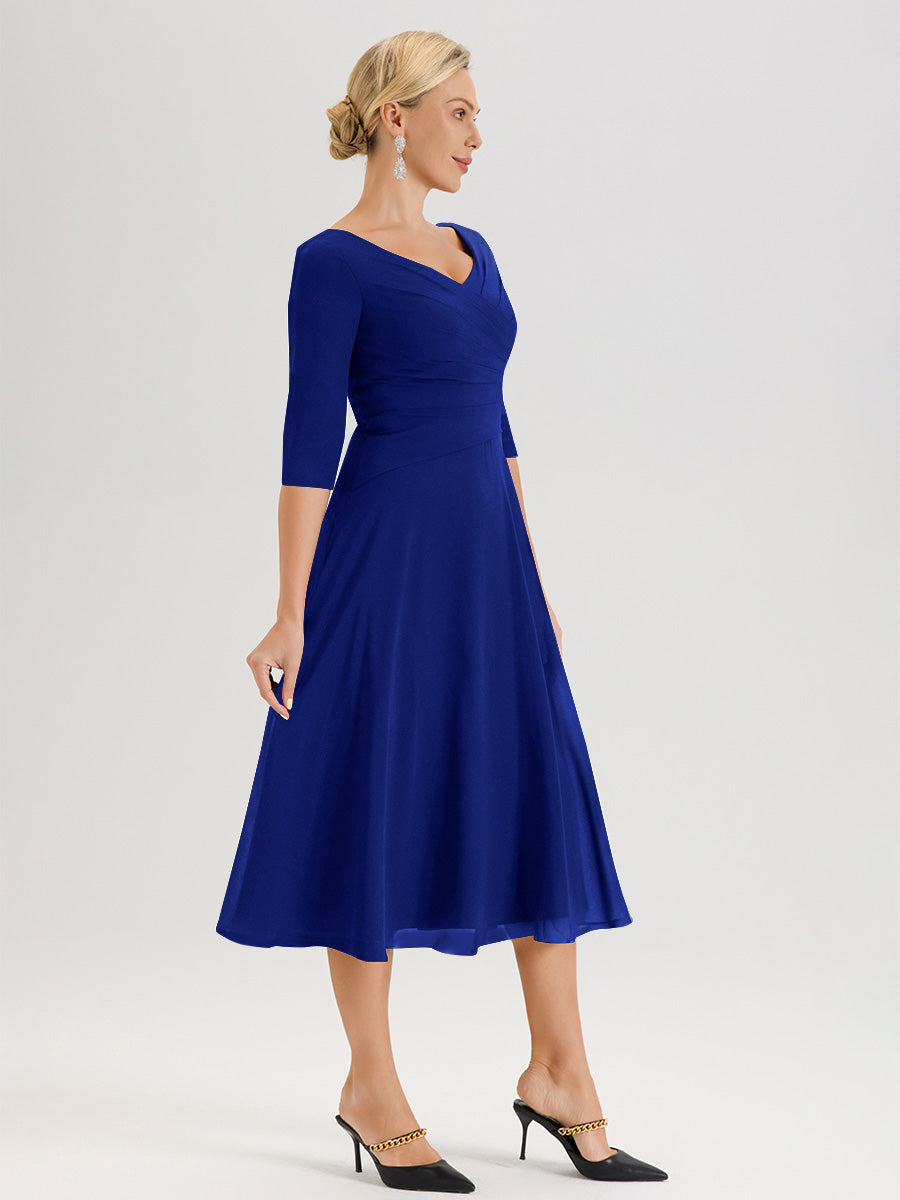 Cicinia Robe Pour Mère De La Mariée Bleu Royal longueur Mi-Mollet Décolleté En V Et Manches 3/4 En Mousseline Trapèze
