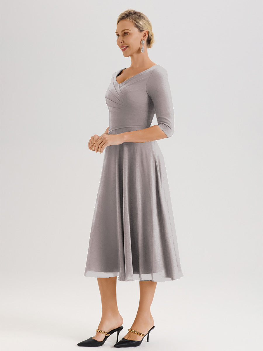 Cicinia Robe Pour Mère De La Mariée Argenté longueur Mi-Mollet Décolleté En V Et Manches 3/4 En Mousseline Trapèze