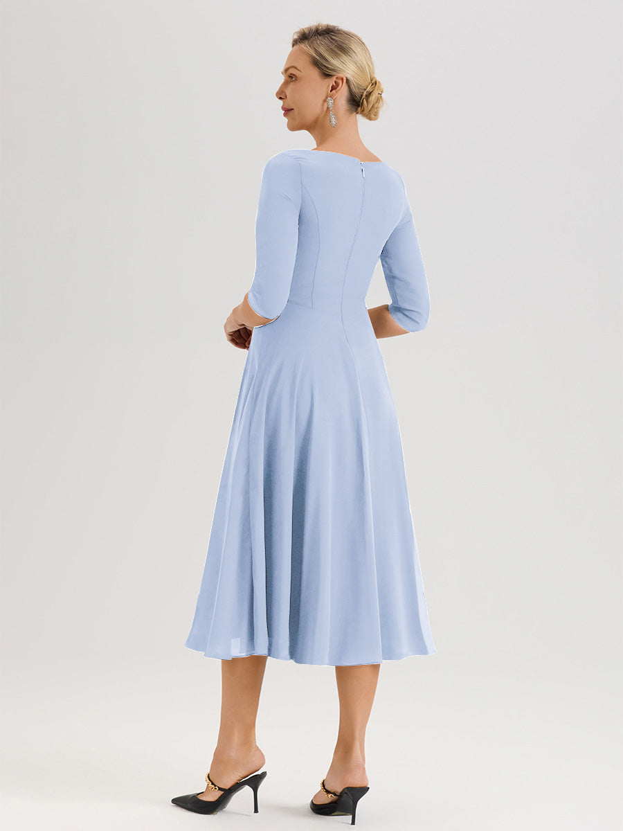Cicinia Robe Pour Mère De La Mariée Bleu Ciel longueur Mi-Mollet Décolleté En V Et Manches 3/4 En Mousseline Trapèze