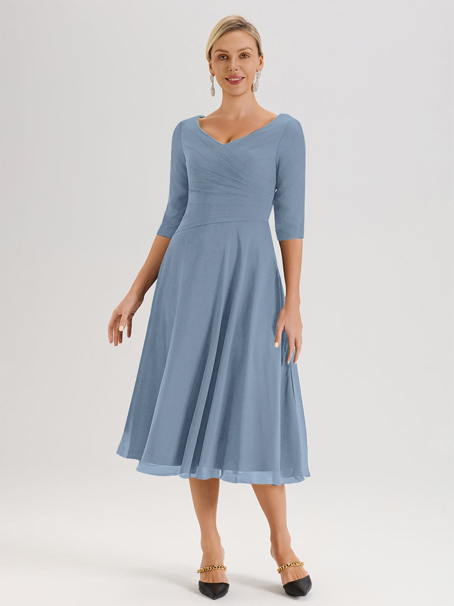Cicinia Robe Pour Mère De La Mariée Bleu De Schiste longueur Mi-Mollet Décolleté En V Et Manches 3/4 En Mousseline Trapèze