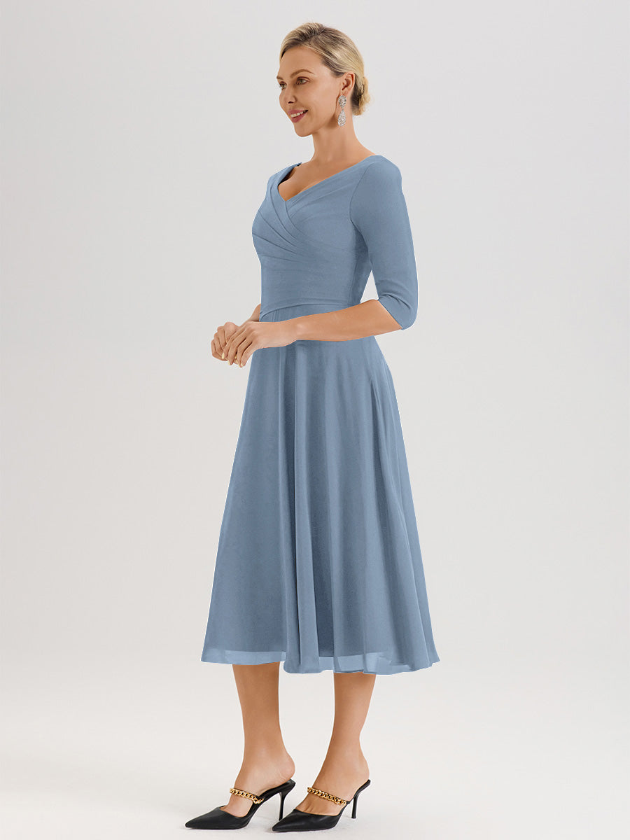 Cicinia Robe Pour Mère De La Mariée Bleu De Schiste longueur Mi-Mollet Décolleté En V Et Manches 3/4 En Mousseline Trapèze