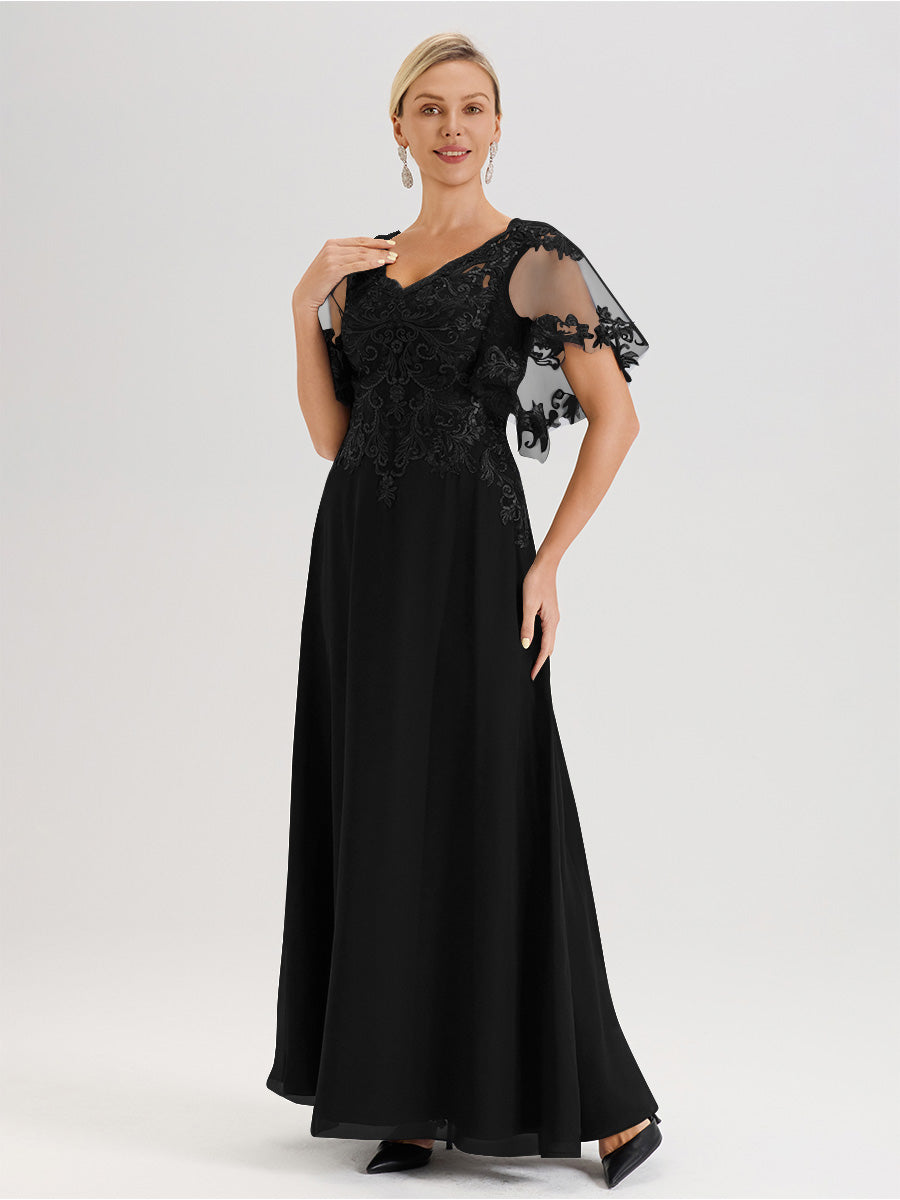 Cicinia Robe Mère De La Mariée Noir Longueur Au Sol En Chiffon Et Dentelle Décolleté En V À Manches Courtes Volantées
