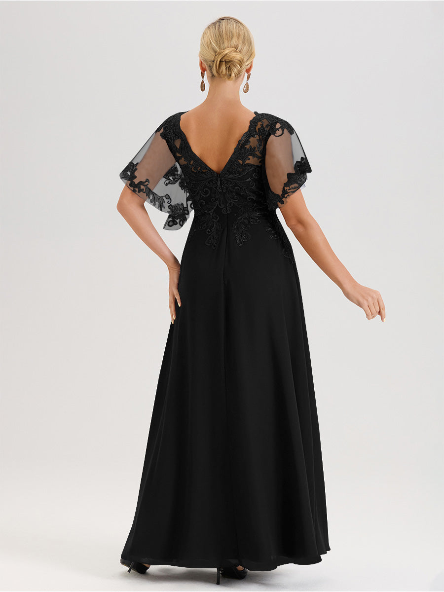 Cicinia Robe Mère De La Mariée Noir Longueur Au Sol En Chiffon Et Dentelle Décolleté En V À Manches Courtes Volantées