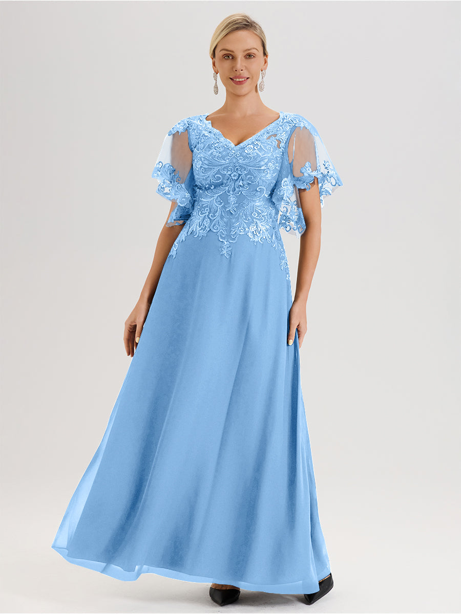 Cicinia Robe Mère De La Mariée Bleu Longueur Au Sol En Chiffon Et Dentelle Décolleté En V À Manches Courtes Volantées
