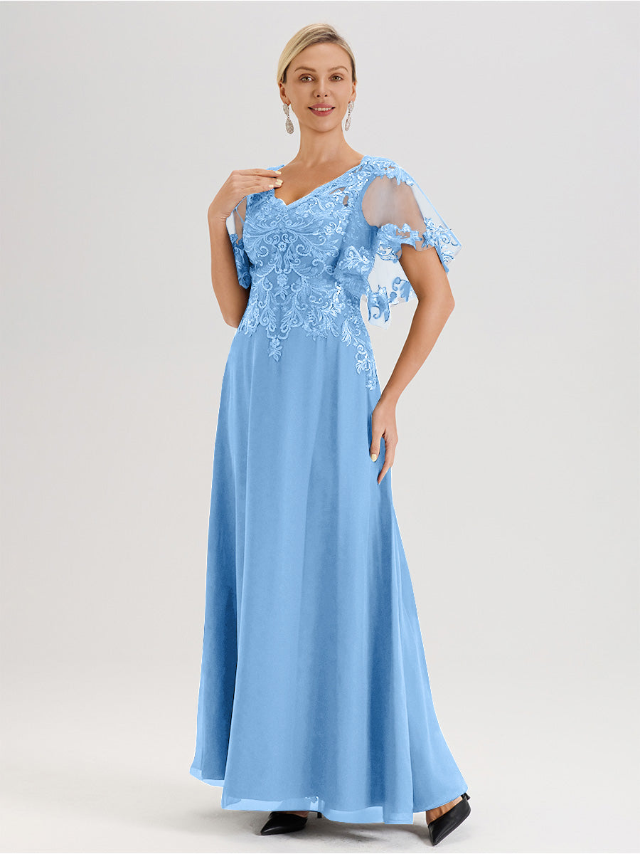 Cicinia Robe Mère De La Mariée Bleu Longueur Au Sol En Chiffon Et Dentelle Décolleté En V À Manches Courtes Volantées