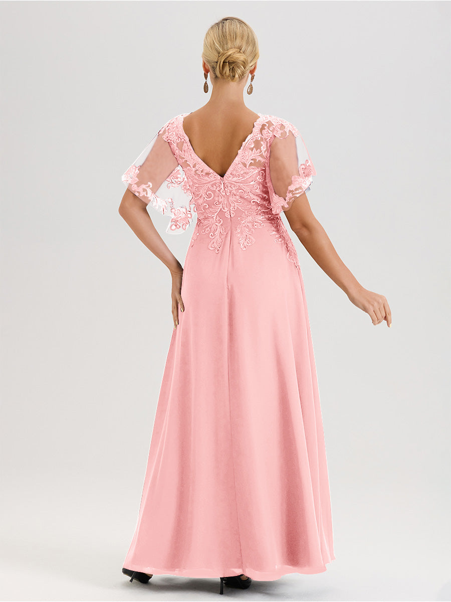Cicinia Robe Mère De La Mariée Rose Doux Longueur Au Sol En Chiffon Et Dentelle Décolleté En V À Manches Courtes Volantées