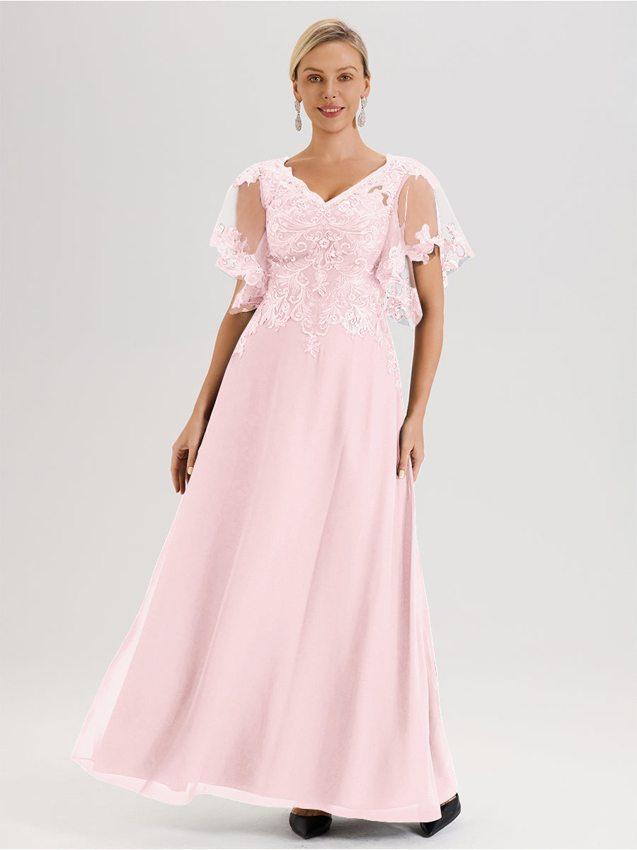 Cicinia Robe Mère De La Mariée Rose Pale Longueur Au Sol En Chiffon Et Dentelle Décolleté En V À Manches Courtes Volantées