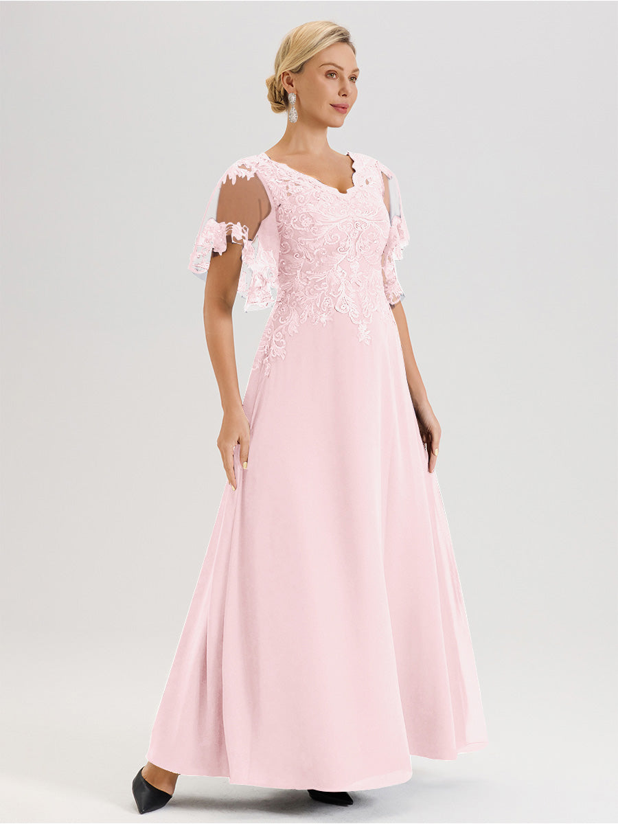 Cicinia Robe Mère De La Mariée Rose Pale Longueur Au Sol En Chiffon Et Dentelle Décolleté En V À Manches Courtes Volantées