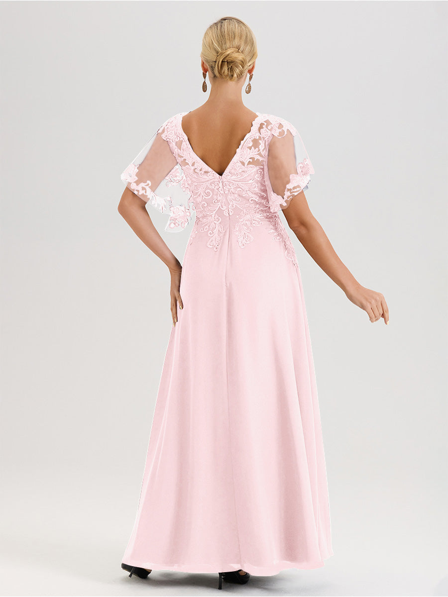 Cicinia Robe Mère De La Mariée Rose Pale Longueur Au Sol En Chiffon Et Dentelle Décolleté En V À Manches Courtes Volantées