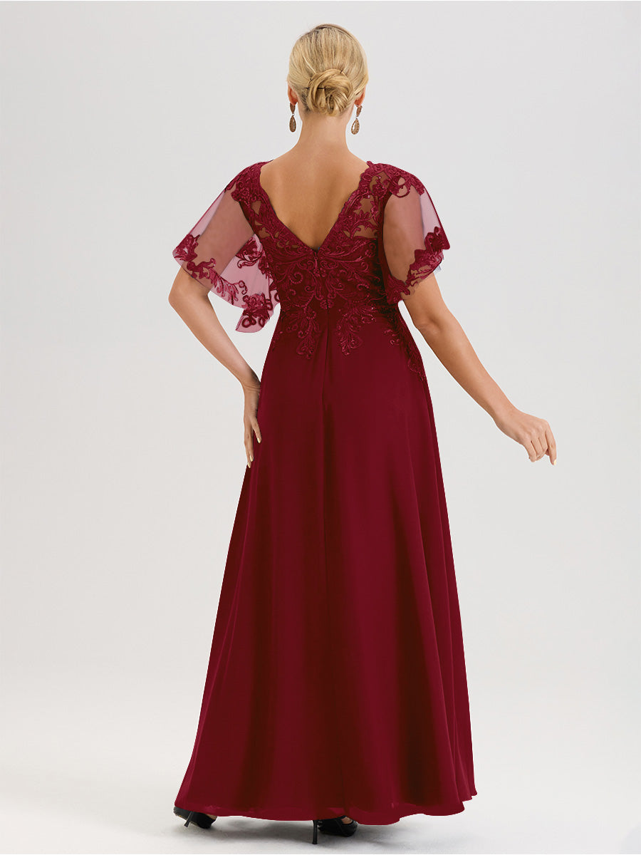 Cicinia Robe Mère De La Mariée Couleur Bordeaux Longueur Au Sol En Chiffon Et Dentelle Décolleté En V À Manches Courtes Volantées