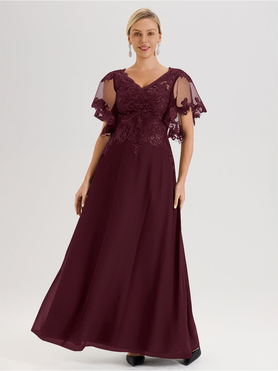 Cicinia Robe Mère De La Mariée Cabernet Longueur Au Sol En Chiffon Et Dentelle Décolleté En V À Manches Courtes Volantées