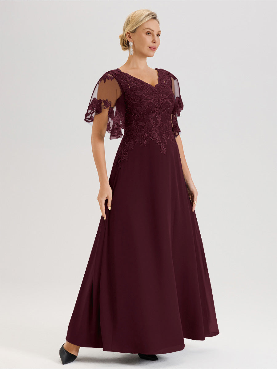 Cicinia Robe Mère De La Mariée Cabernet Longueur Au Sol En Chiffon Et Dentelle Décolleté En V À Manches Courtes Volantées