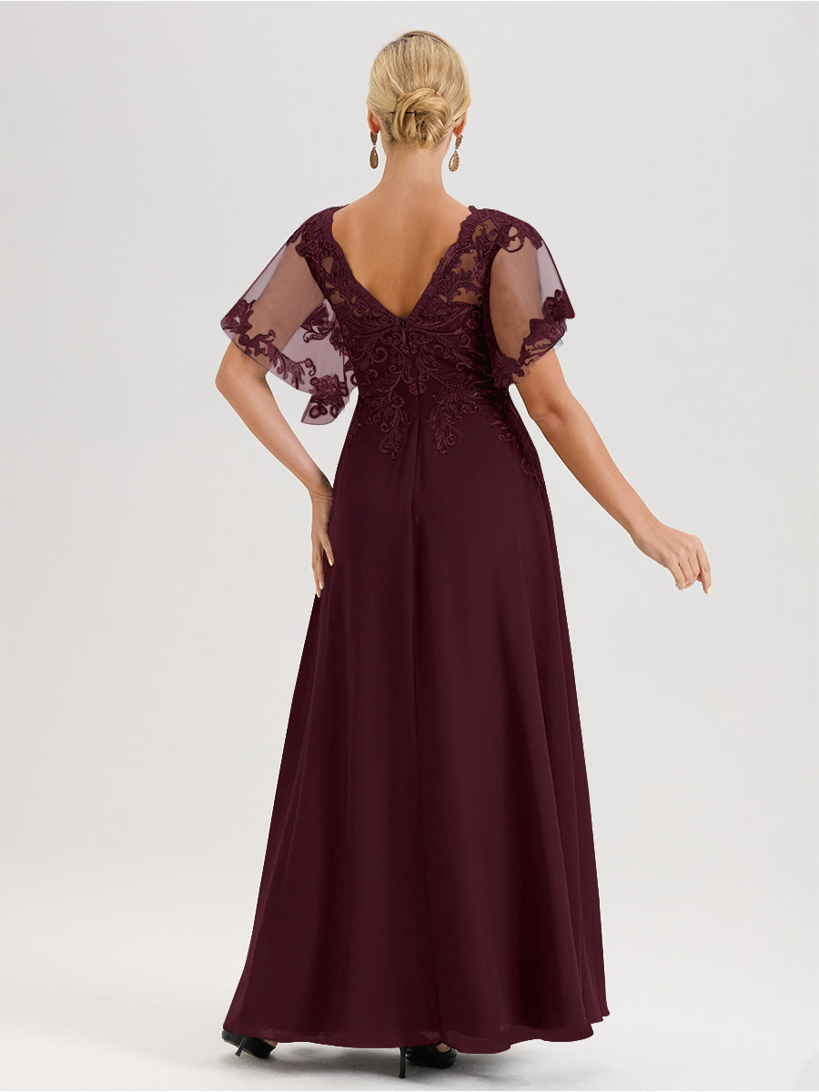 Cicinia Robe Mère De La Mariée Cabernet Longueur Au Sol En Chiffon Et Dentelle Décolleté En V À Manches Courtes Volantées