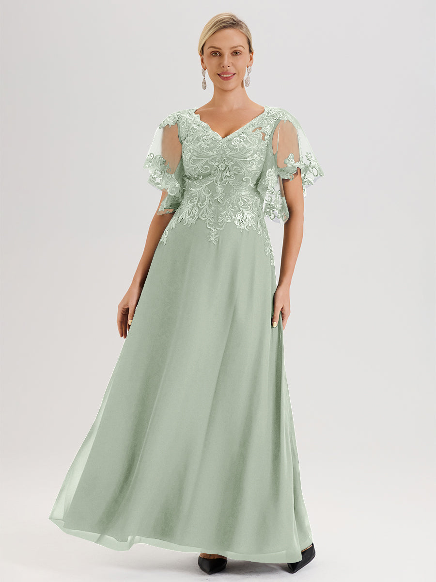 Cicinia Robe Mère De La Mariée Celadon Longueur Au Sol En Chiffon Et Dentelle Décolleté En V À Manches Courtes Volantées
