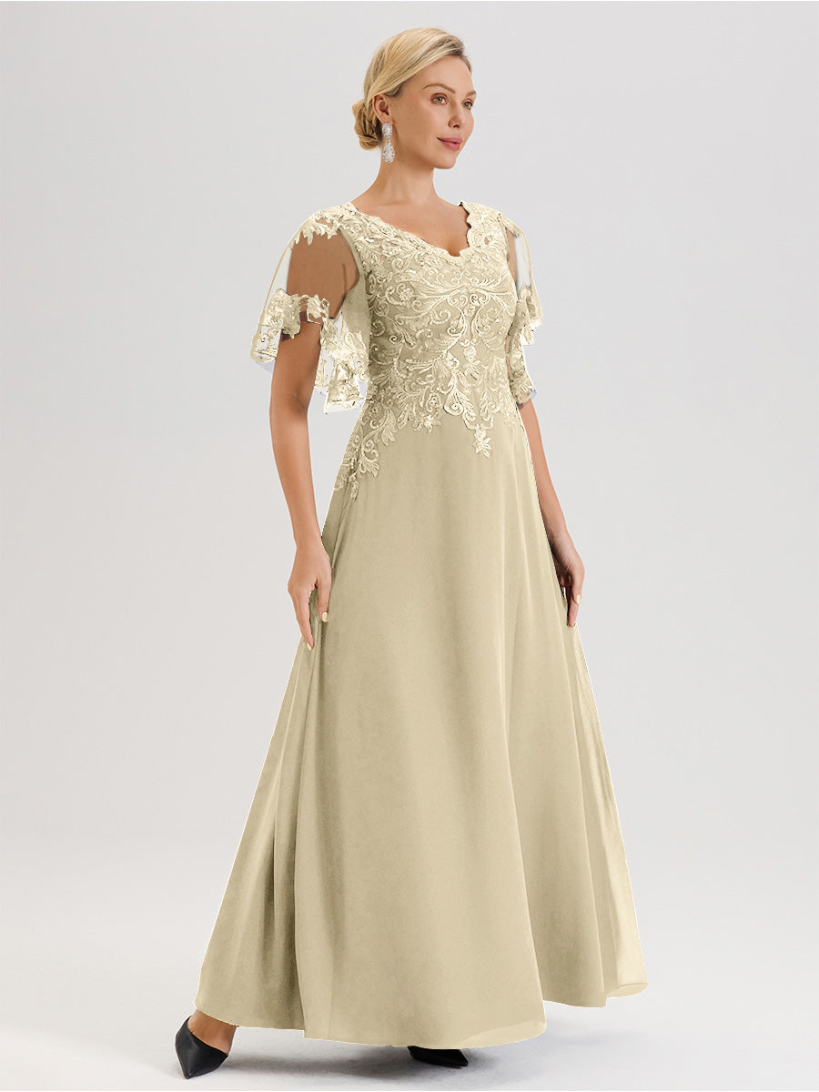 Cicinia Robe Mère De La Mariée Couleur Champagne Longueur Au Sol En Chiffon Et Dentelle Décolleté En V À Manches Courtes Volantées