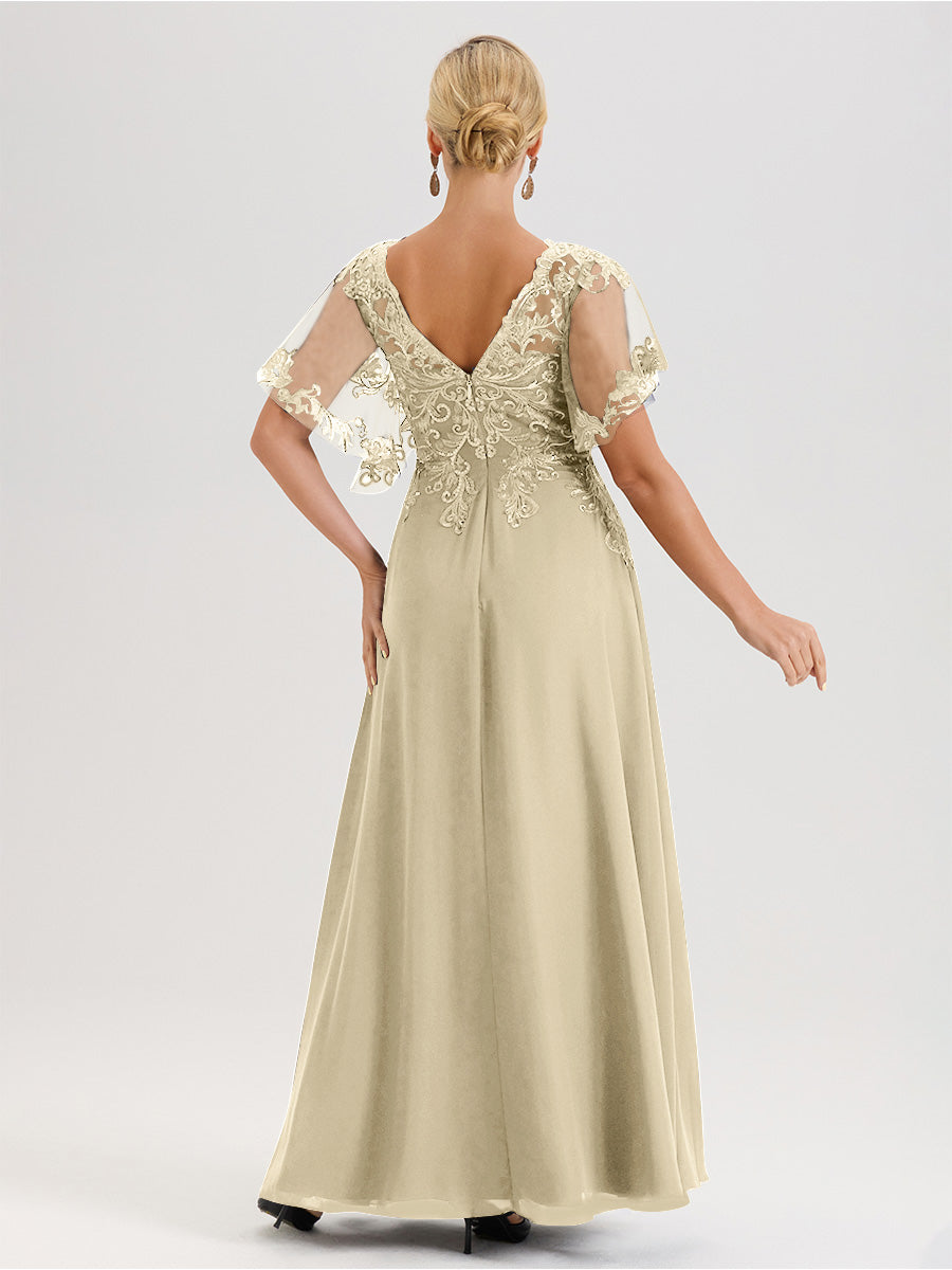Cicinia Robe Mère De La Mariée Couleur Champagne Longueur Au Sol En Chiffon Et Dentelle Décolleté En V À Manches Courtes Volantées