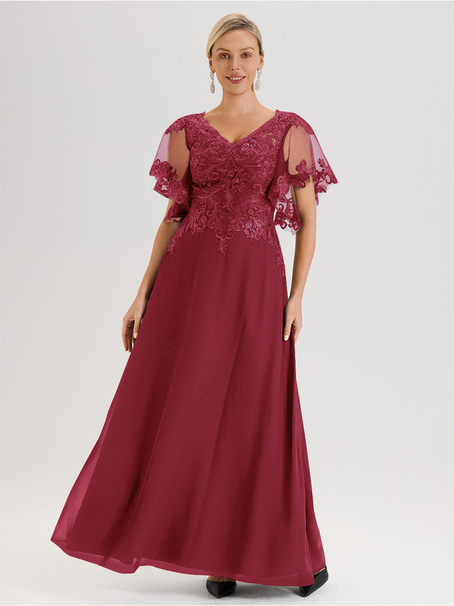Cicinia Robe Mère De La Mariée Couleur Rose Cannelle Longueur Au Sol En Chiffon Et Dentelle Décolleté En V À Manches Courtes Volantées