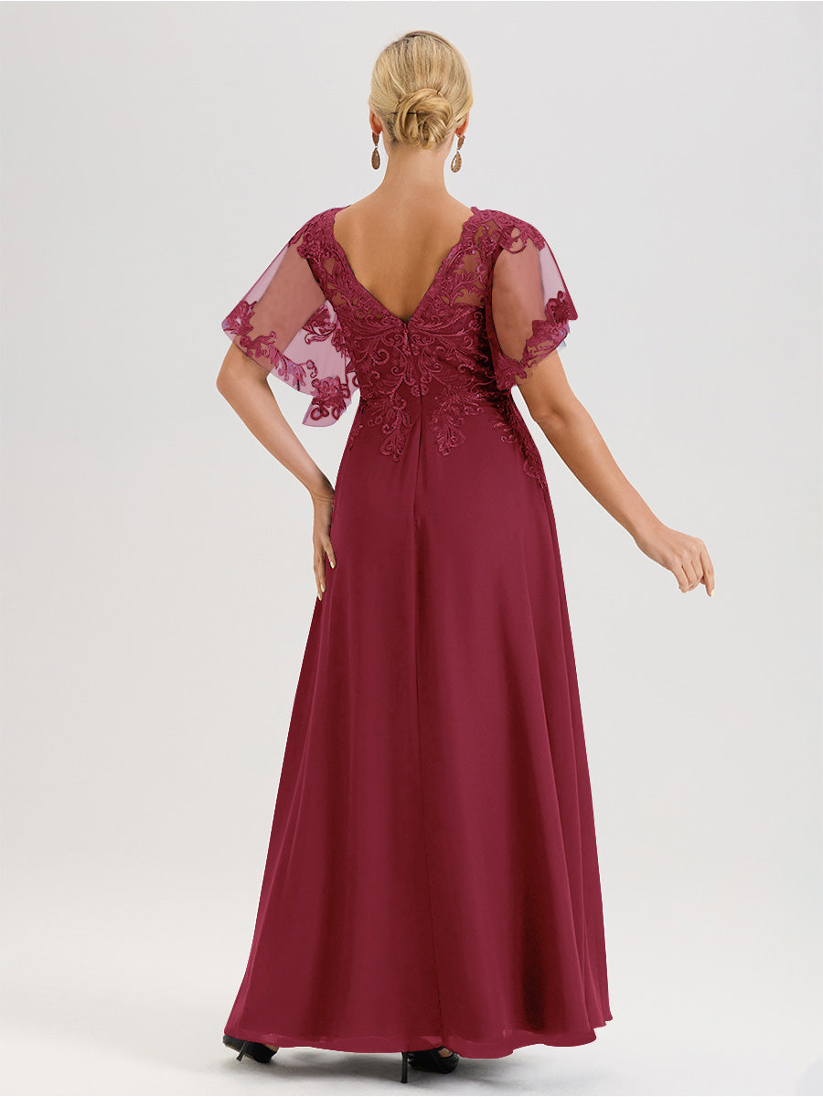 Cicinia Robe Mère De La Mariée Couleur Rose Cannelle Longueur Au Sol En Chiffon Et Dentelle Décolleté En V À Manches Courtes Volantées