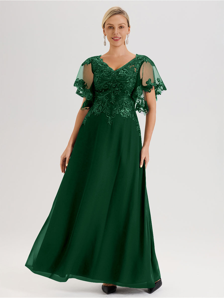 Cicinia Robe Mère De La Mariée Vert Foncé Longueur Au Sol En Chiffon Et Dentelle Décolleté En V À Manches Courtes Volantées