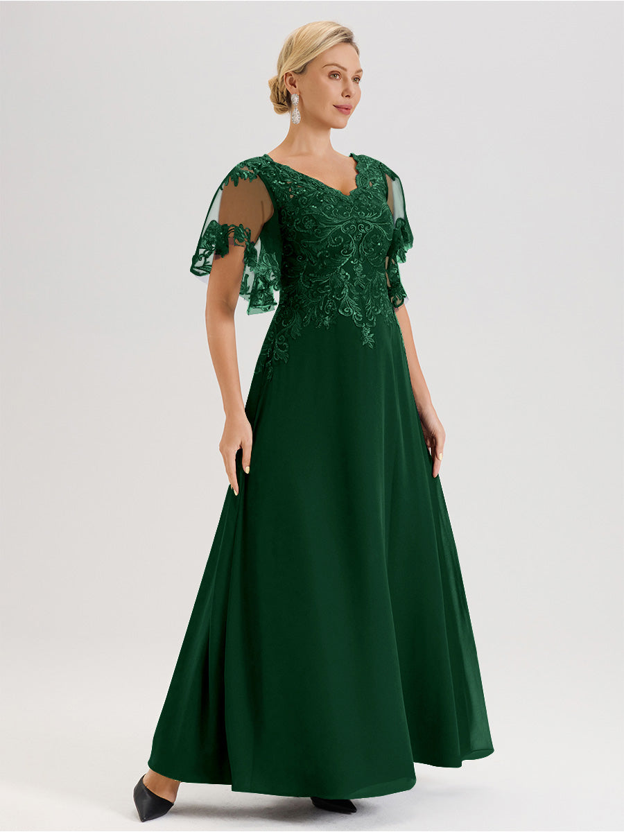 Cicinia Robe Mère De La Mariée Vert Foncé Longueur Au Sol En Chiffon Et Dentelle Décolleté En V À Manches Courtes Volantées