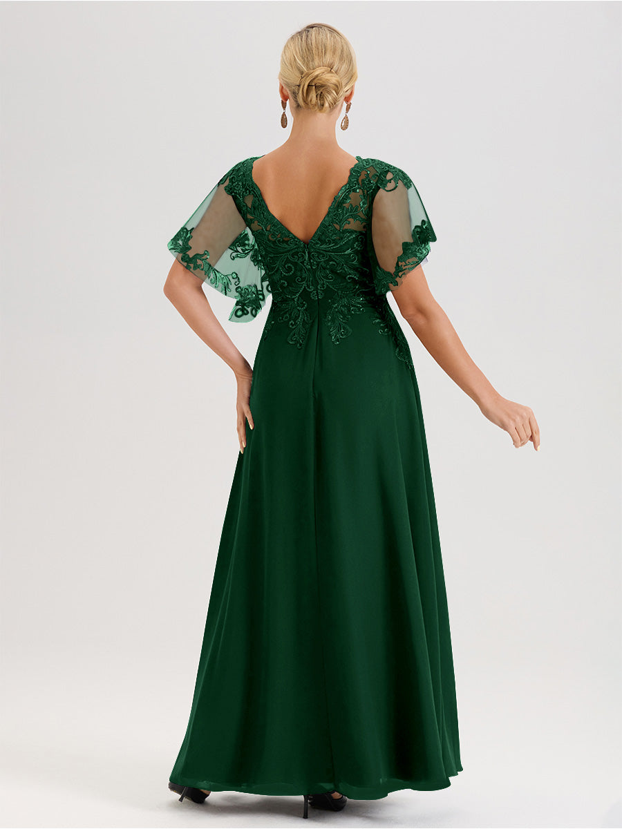 Cicinia Robe Mère De La Mariée Vert Foncé Longueur Au Sol En Chiffon Et Dentelle Décolleté En V À Manches Courtes Volantées
