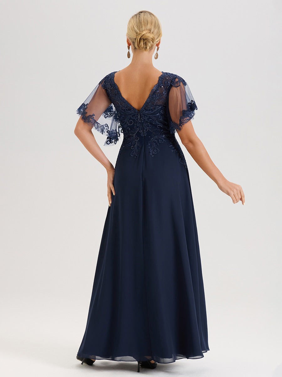 Cicinia Robe Mère De La Mariée Bleu Marine Longueur Au Sol En Chiffon Et Dentelle Décolleté En V À Manches Courtes Volantées