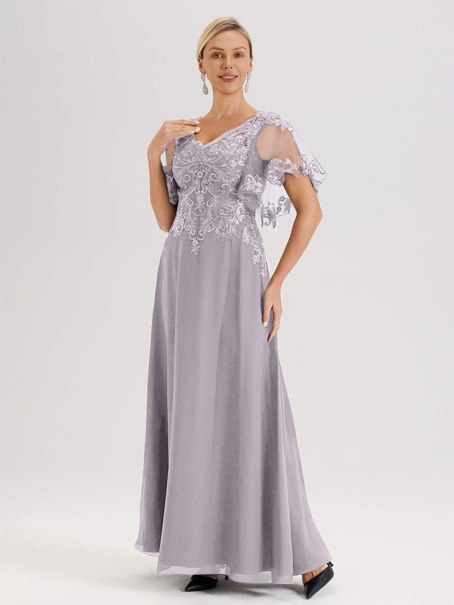 Cicinia Robe Mère De La Mariée Couleur Crépuscule Longueur Au Sol En Chiffon Et Dentelle Décolleté En V À Manches Courtes Volantées