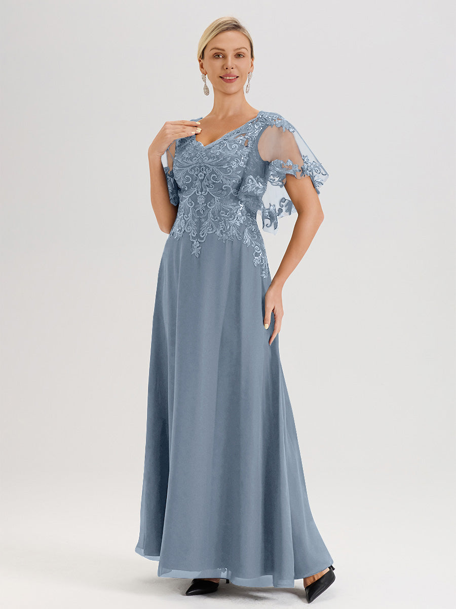 Cicinia Robe Mère De La Mariée Bleu Poussiereux Longueur Au Sol En Chiffon Et Dentelle Décolleté En V À Manches Courtes Volantées
