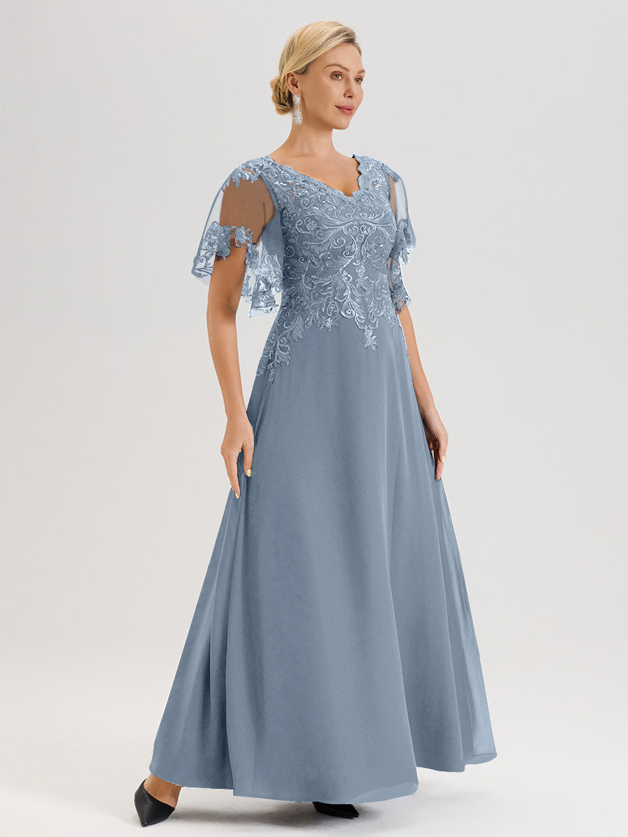 Cicinia Robe Mère De La Mariée Bleu Poussiereux Longueur Au Sol En Chiffon Et Dentelle Décolleté En V À Manches Courtes Volantées