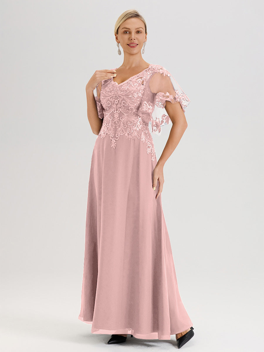 Cicinia Robe Mère De La Mariée Rose Poussiéreux Longueur Au Sol En Chiffon Et Dentelle Décolleté En V À Manches Courtes Volantées