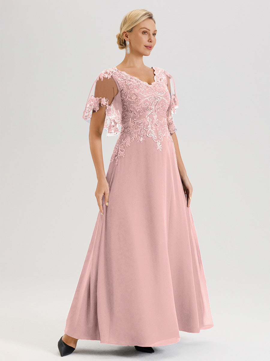 Cicinia Robe Mère De La Mariée Rose Poussiéreux Longueur Au Sol En Chiffon Et Dentelle Décolleté En V À Manches Courtes Volantées