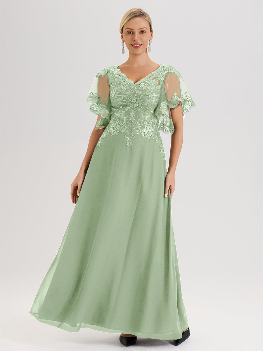 Cicinia Robe Mère De La Mariée Sauge Poudrée Longueur Au Sol En Chiffon Et Dentelle Décolleté En V À Manches Courtes Volantées