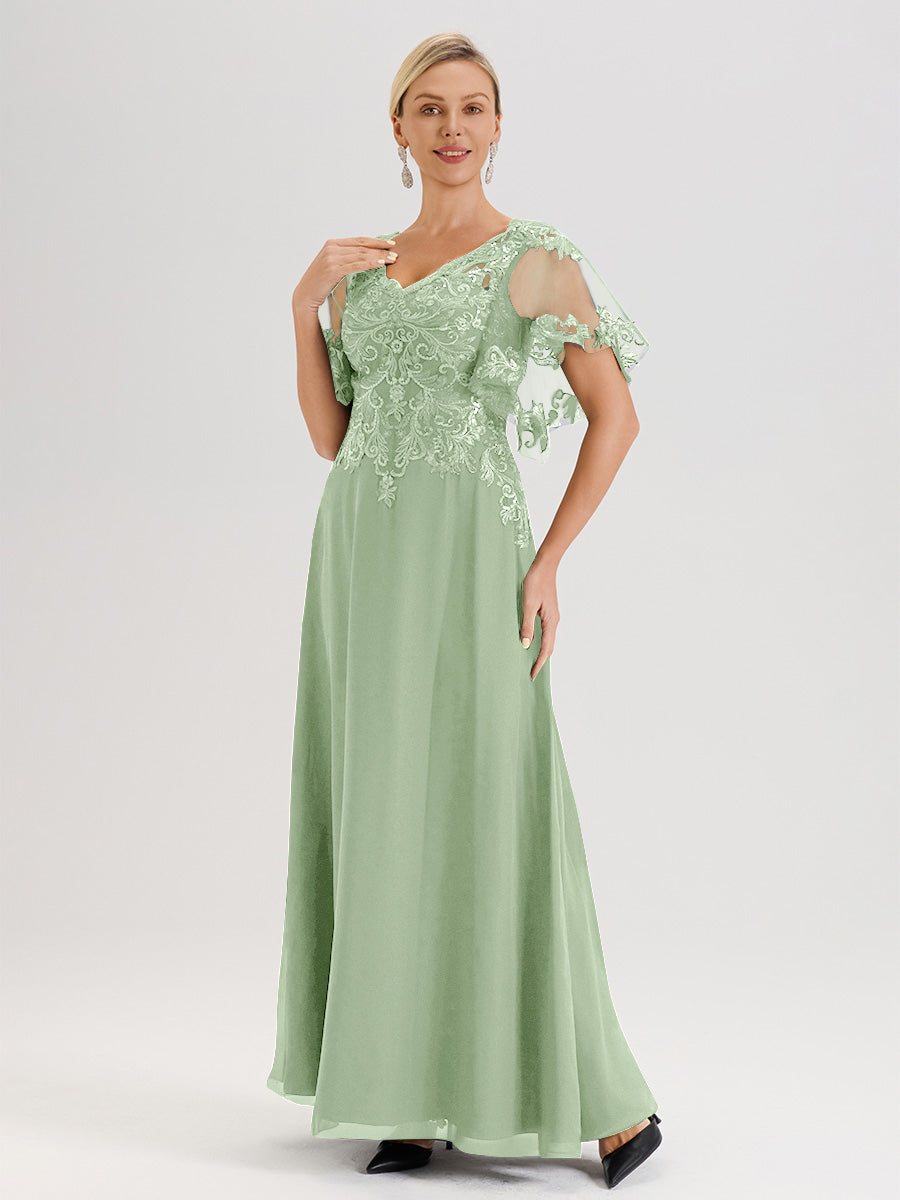 Cicinia Robe Mère De La Mariée Sauge Poudrée Longueur Au Sol En Chiffon Et Dentelle Décolleté En V À Manches Courtes Volantées