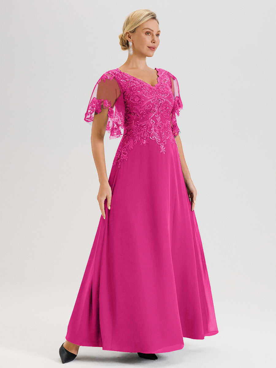 Cicinia Robe Mère De La Mariée Fuchsia Rose Longueur Au Sol En Chiffon Et Dentelle Décolleté En V À Manches Courtes Volantées