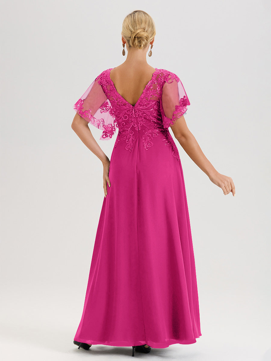 Cicinia Robe Mère De La Mariée Fuchsia Rose Longueur Au Sol En Chiffon Et Dentelle Décolleté En V À Manches Courtes Volantées