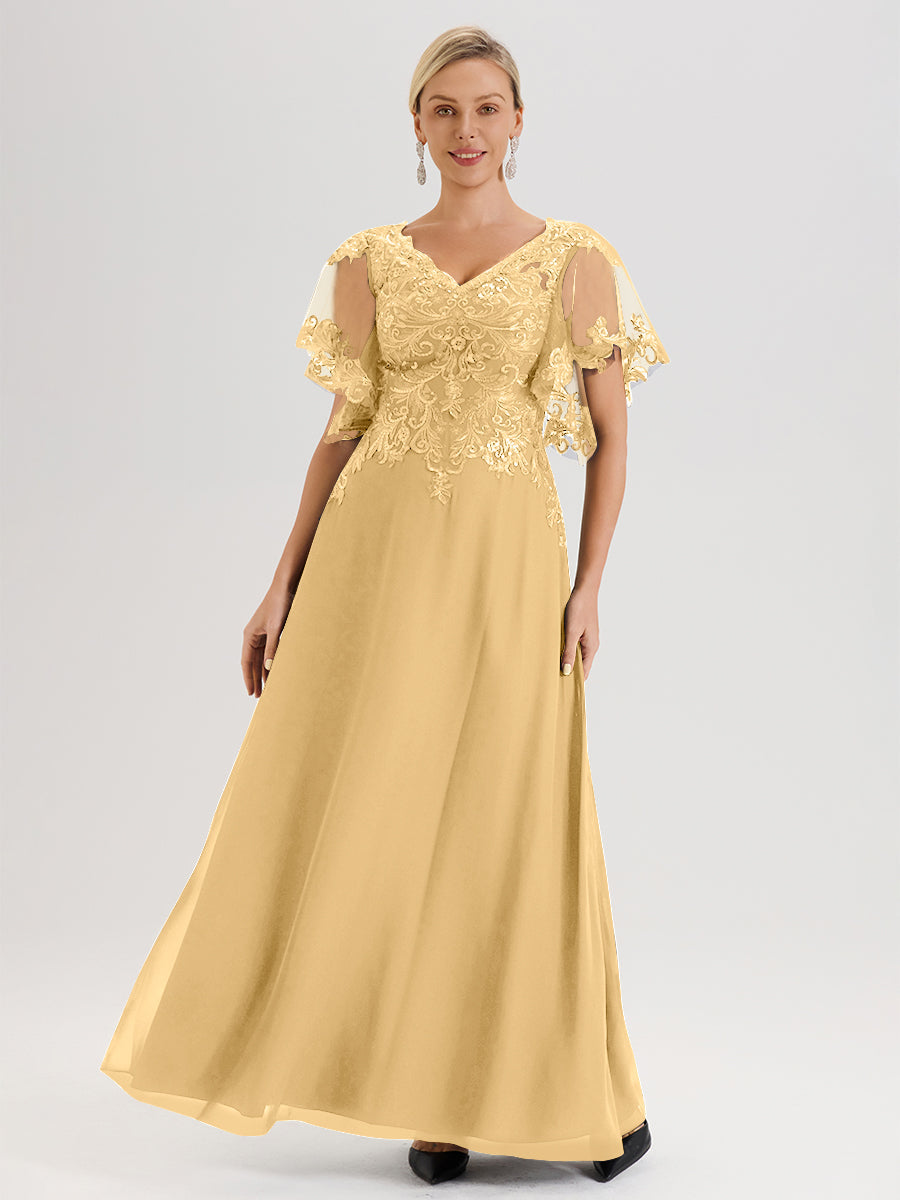 Cicinia Robe Mère De La Mariée Couleur Or Longueur Au Sol En Chiffon Et Dentelle Décolleté En V À Manches Courtes Volantées