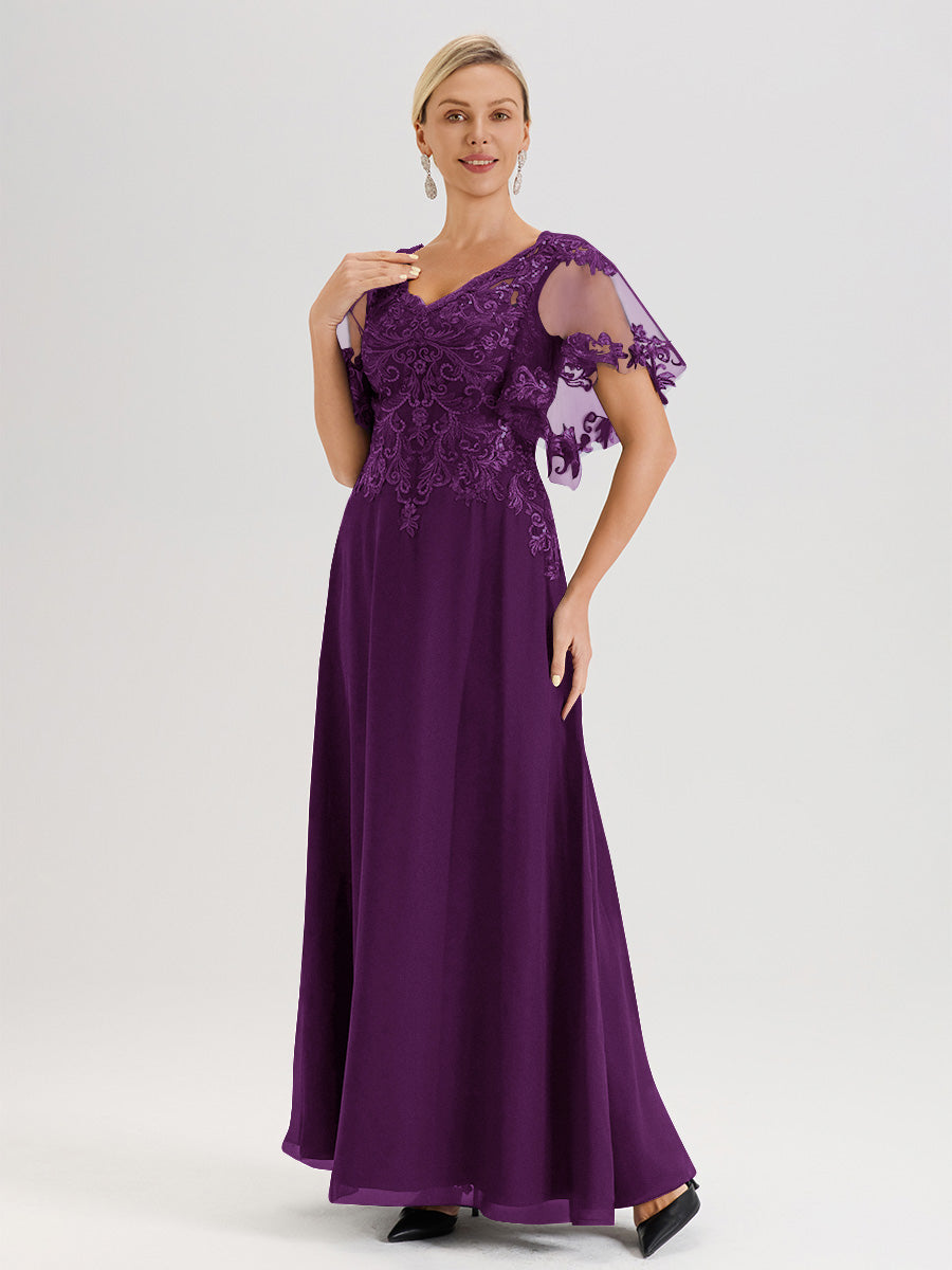 Cicinia Robe Mère De La Mariée En Raisin Longueur Au Sol En Chiffon Et Dentelle Décolleté En V À Manches Courtes Volantées
